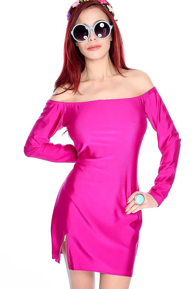 Sexy Magenta Long Sleeve Off the Shoulder Party Dress