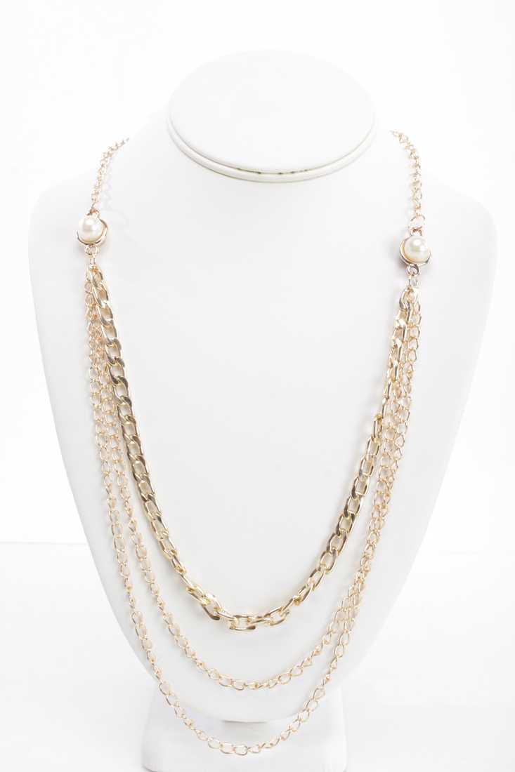 Gold Chain Draped Link Faux Pearl Necklace
