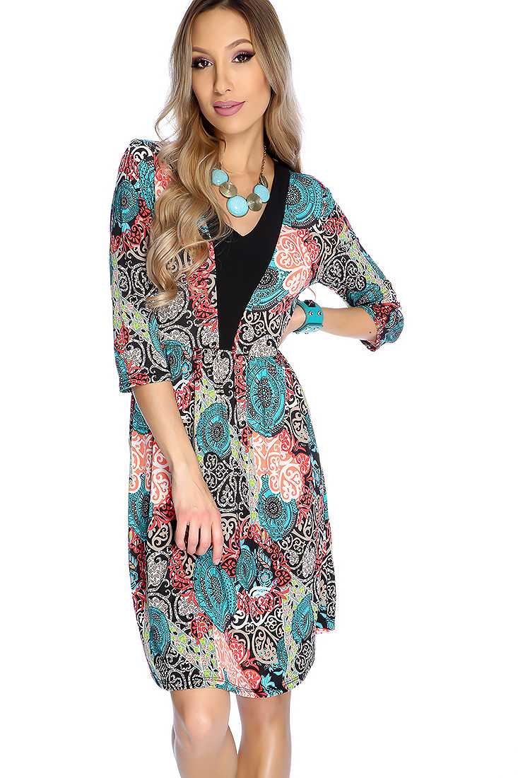 Sexy Teal Coral V-neck Paisley Print Party Dress