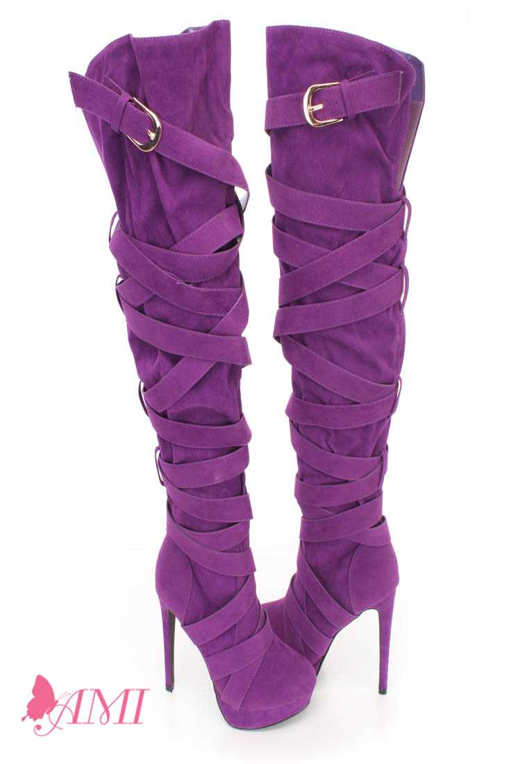 Purple Wrap Around Strappy Thigh High Heel Boots Faux Suede