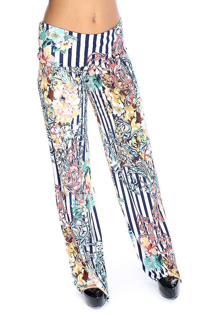 Navy Sky Blue Print Wide Leg Casual Pants