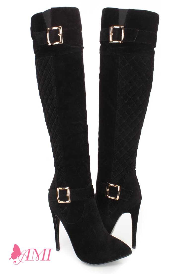 Black Print Single Sole High Heel Boots Faux Suede