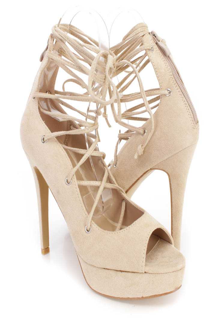 Beige String Tie Lace Up Platform High Heels Faux Suede