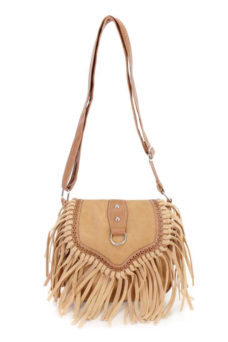 Tan Two Tone Faux Leather Fringe Accent Saddle Handbag
