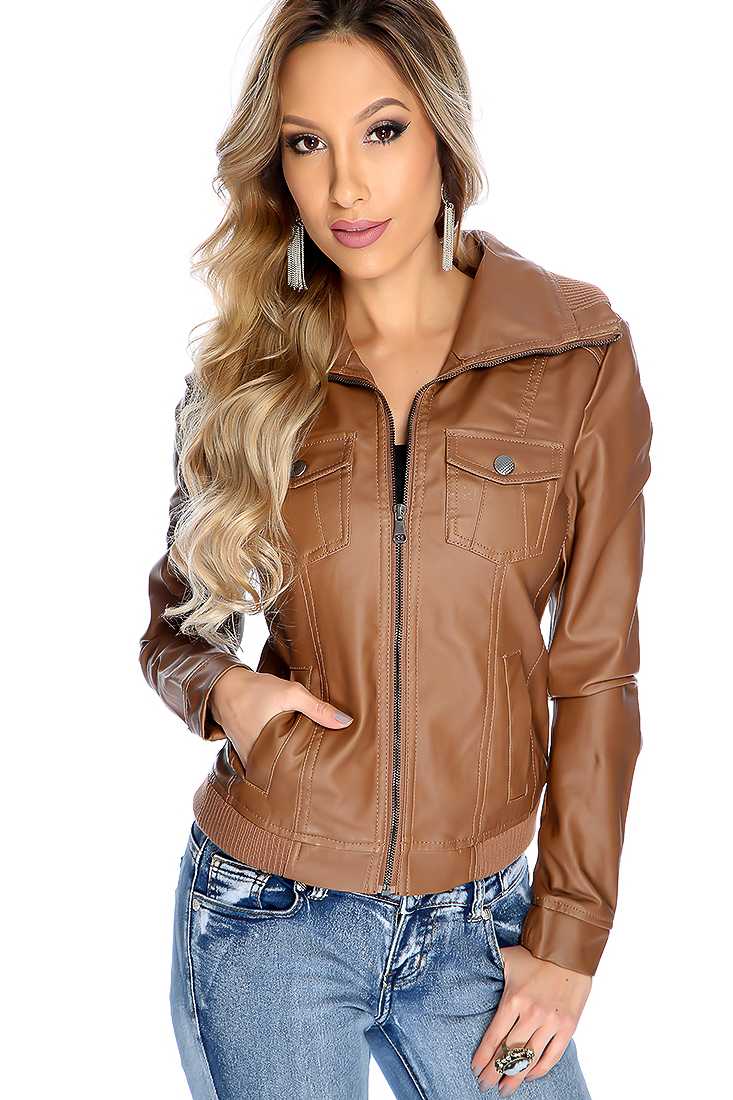 Light Brown Long Sleeve Zipper Closure Faux Leather Jacket