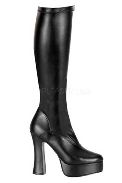 Black Stretch Faux Leather Knee High Platform Boots