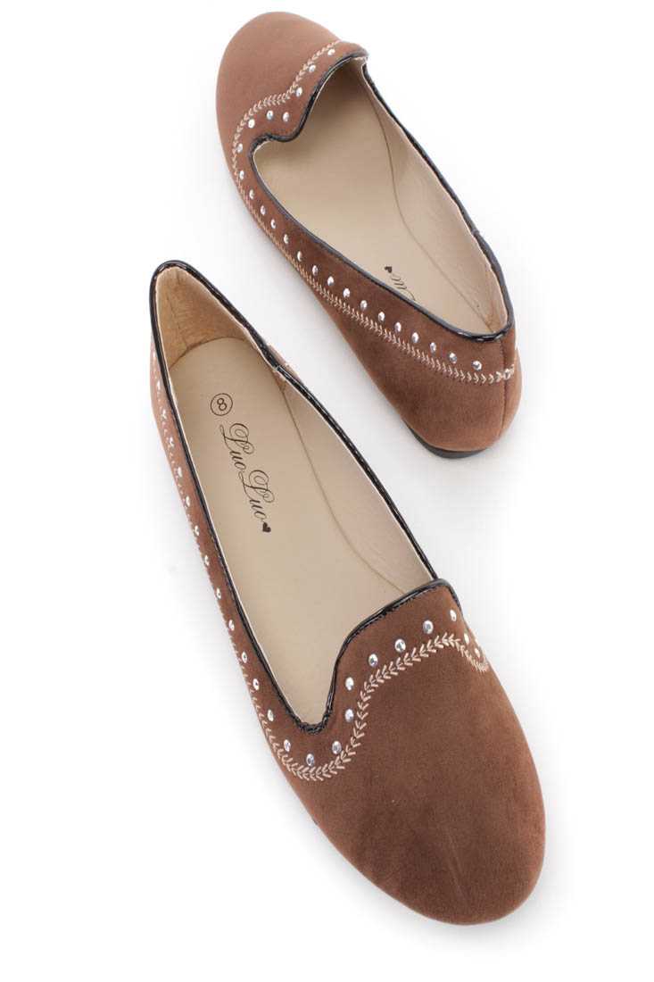 Brown Embroidered Rhinestone Slip On Loafer Flats Faux Suede