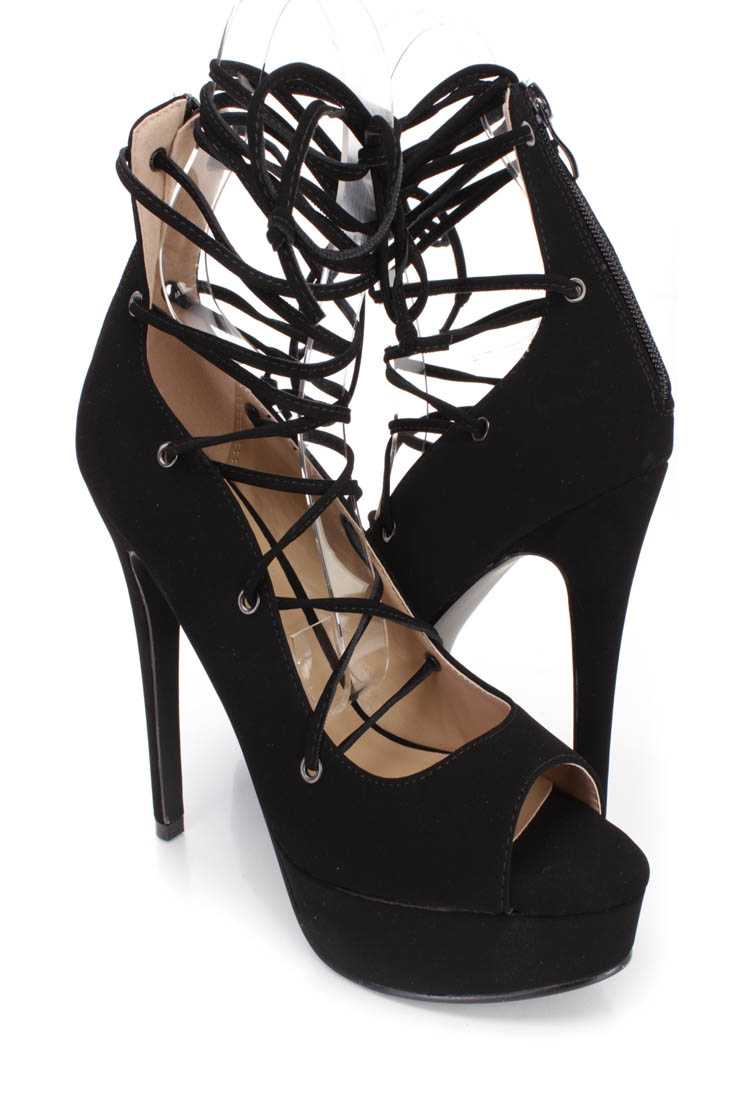 Black String Tie Lace Up Platform High Heels Faux Suede