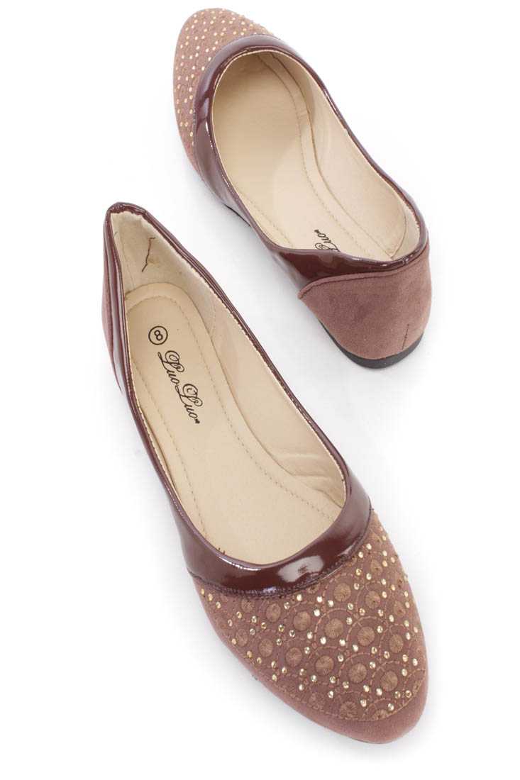 Brown Embroidered Rhinestone Design Flats Faux Suede