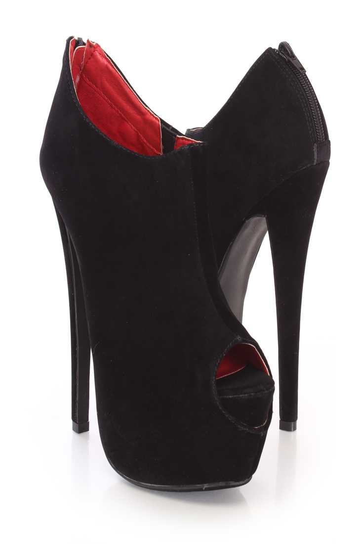 Black Peep Toe Platform Ankle Booties Faux Suede