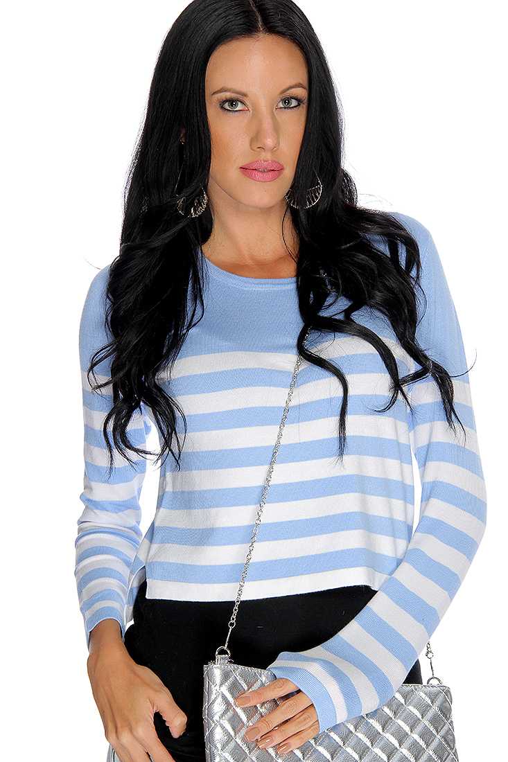 Baby Blue White Long Sleeve Stripe Causal Crop Top