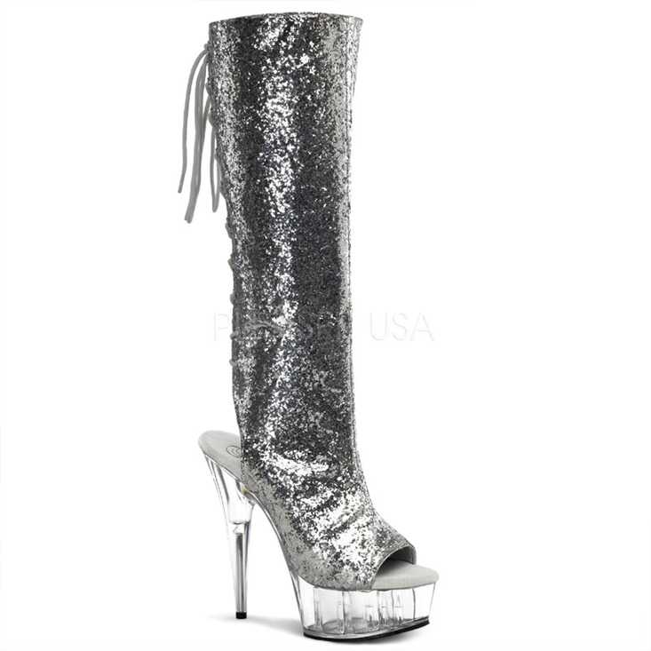 Silver Clear Glitter Lace Up Knee High Boots