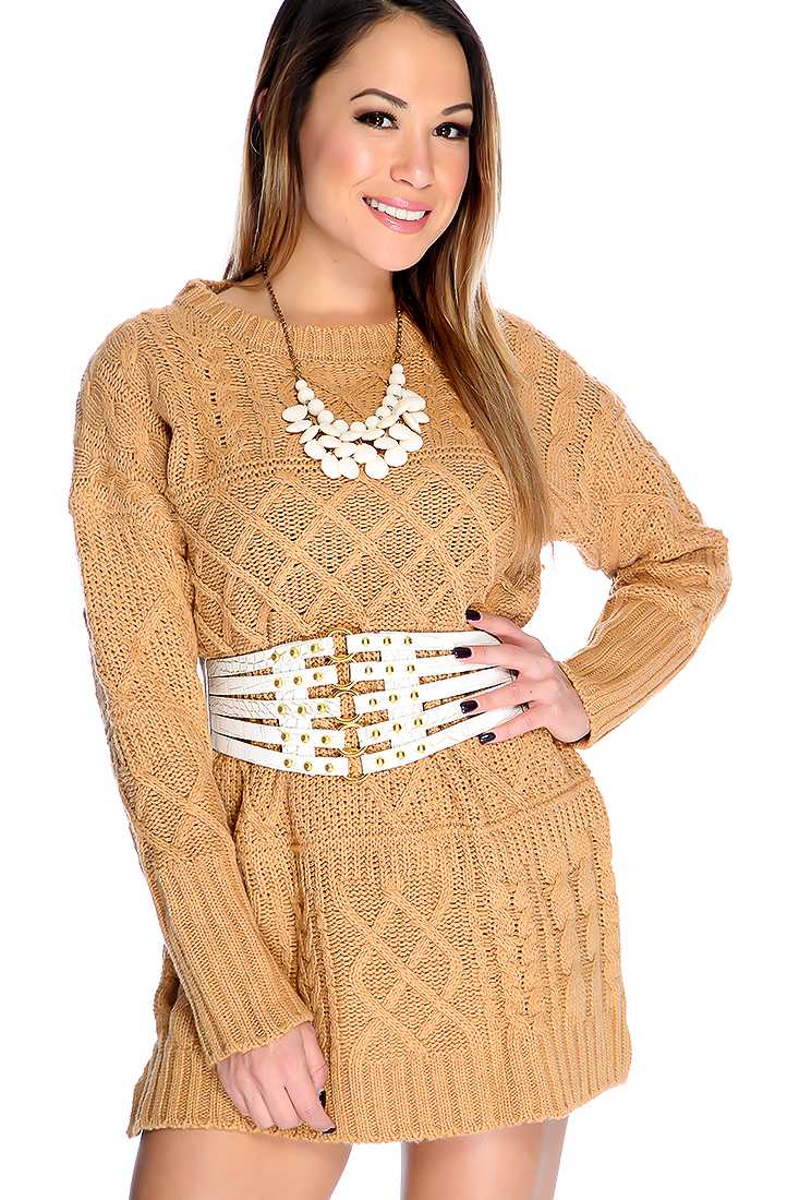 Sexy Camel Long Sleeves Open Knitted Sweater Dress