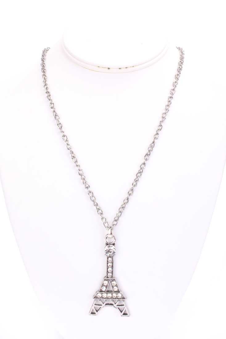 Vintage Silver Eiffel Tower Design Rhinestone Accent Necklace
