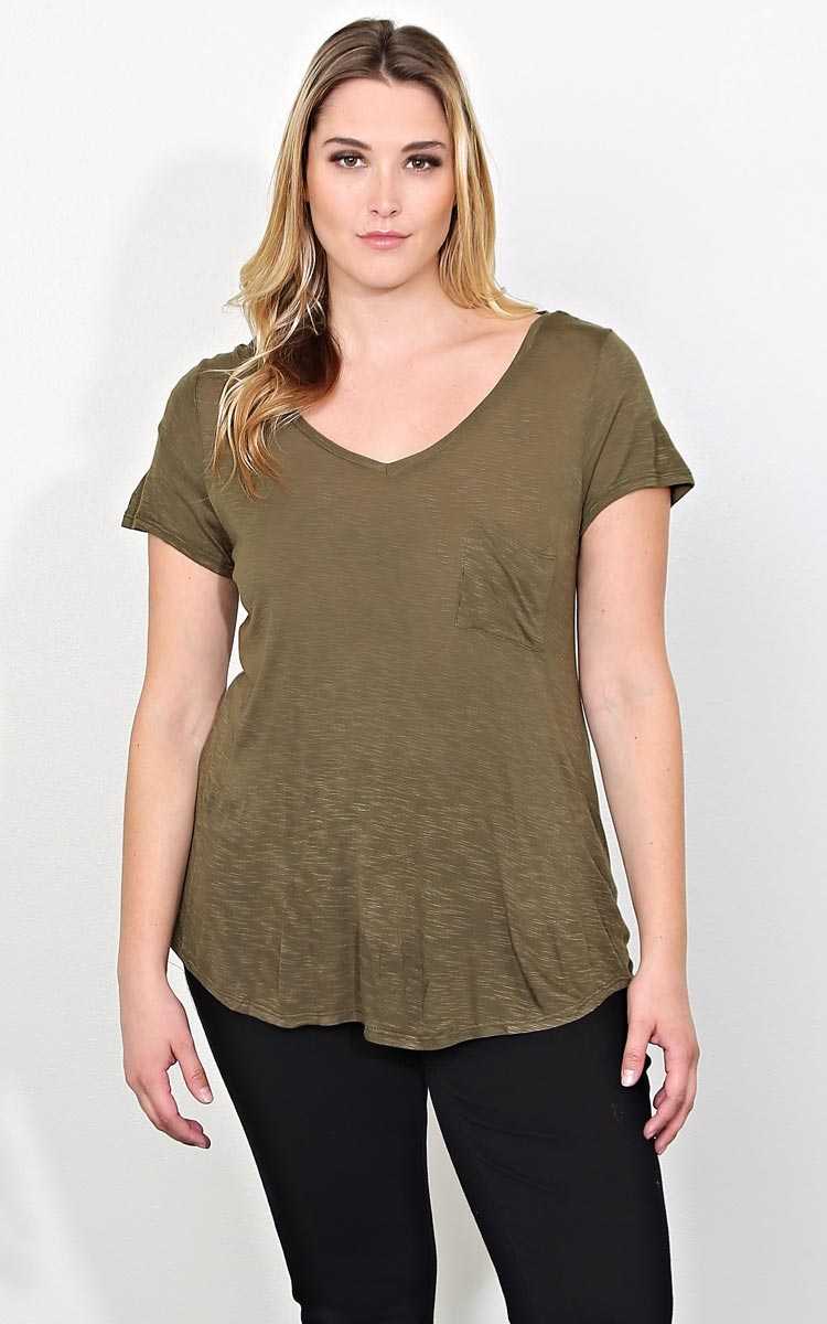 Plus Size Olive Relaxed V Neck Tee - Olive/Drab in Size 1X by Styles For Less