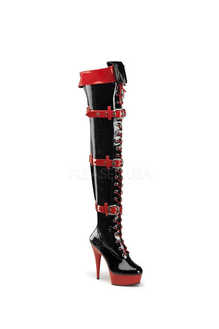 Black Red Two Tone Lace Up Thigh High Boots Patent