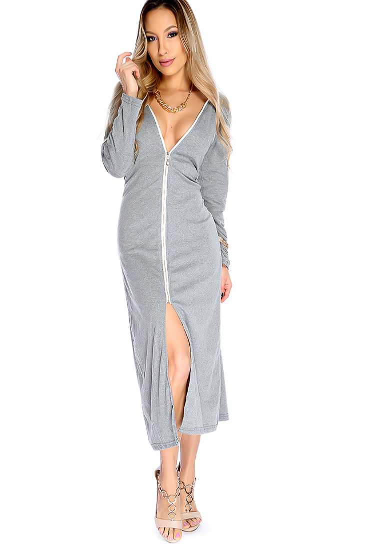 Sexy Grey Long Sleeve Front Slit Casual Dress