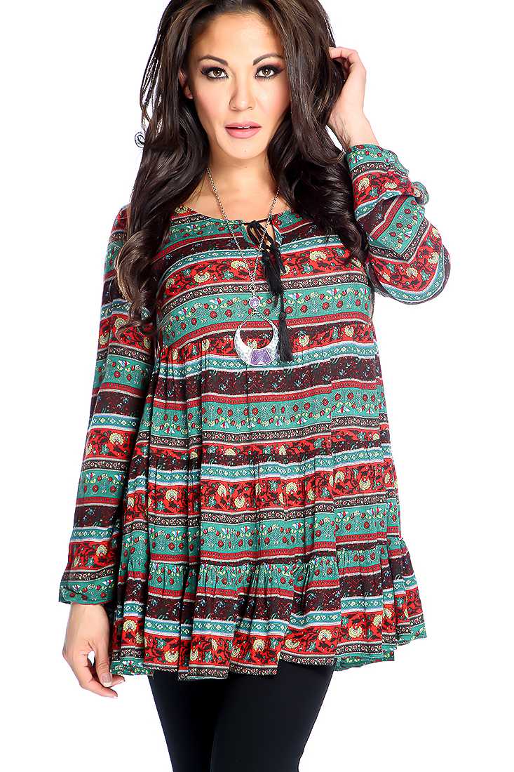 Red Green Floral Print Crochet Detail Long Sleeve Top