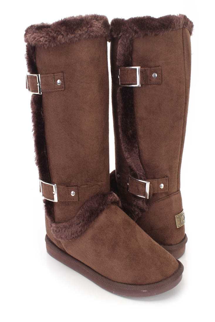 Brown Faux Fur Trimmed Buckle Strappy Casual Boots Faux Suede
