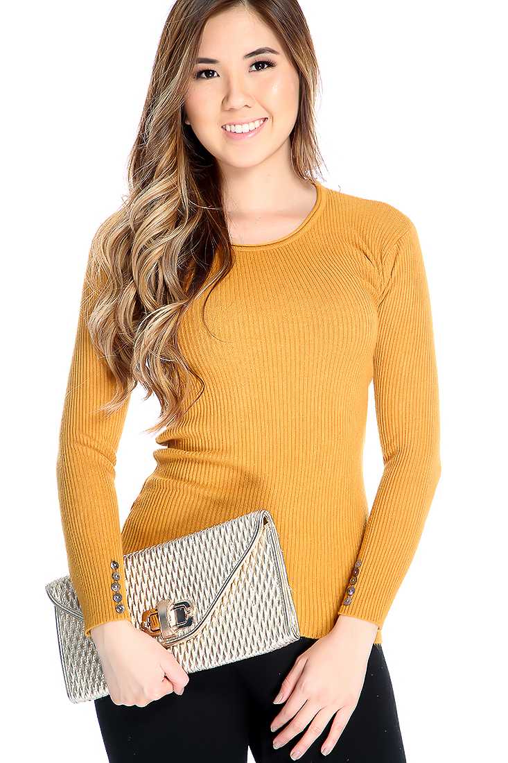 Mustard Ribbed Long Sleeve Buttoned Casual Top