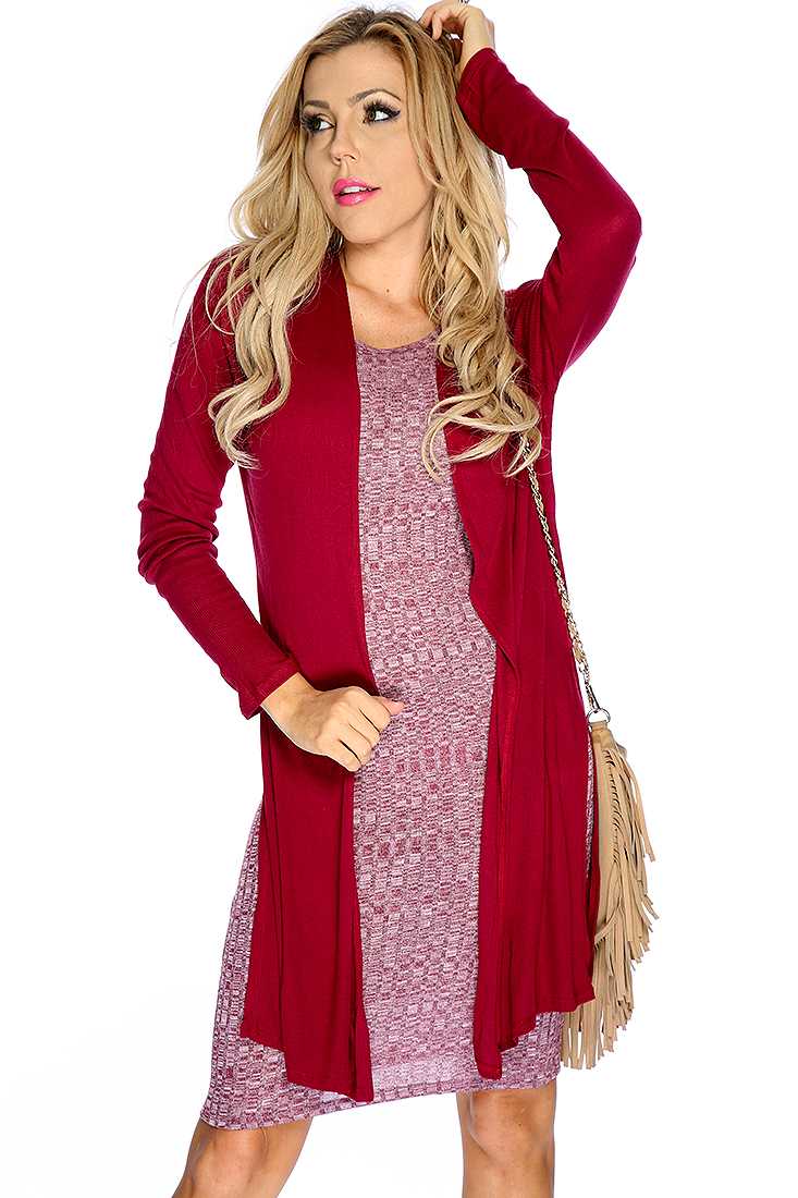 Cute Wine Long Sleeve Open Front Versatile Cardigan