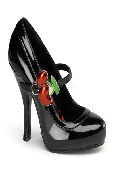 Black Patent Faux Leather Mid Strap Cherry Accent Maryjane High Heels