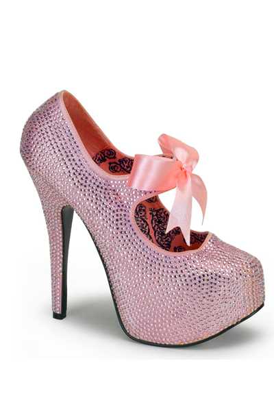 Baby Pink Rhinestone Satin Bow Tie Platform High Heels