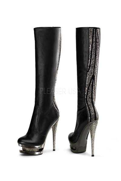 Black Faux Leather Trim Rhinestone Embellished Boots