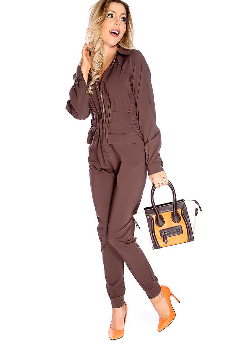 Sexy Brown Zip Up Long Sleeve Jumpsuit