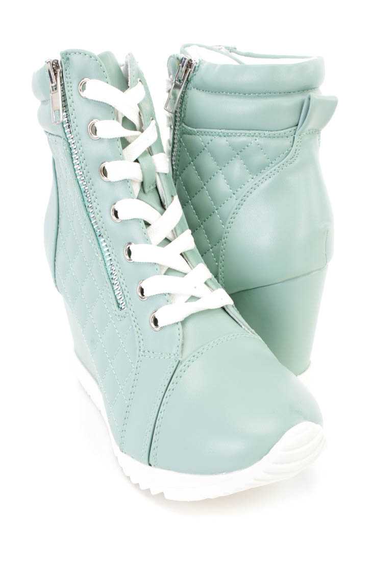 Light Mint Quilted Sneaker Wedges Faux Leather