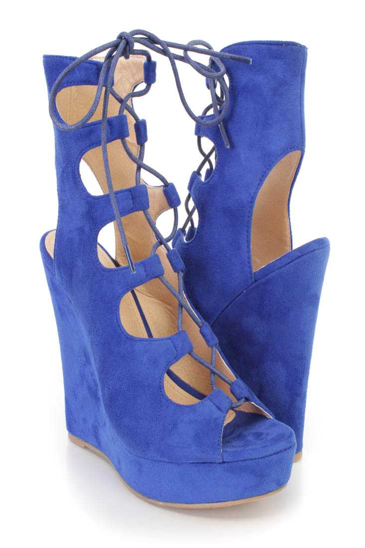 Blue Lace Up Peep Toe Platform Wedges Faux Suede