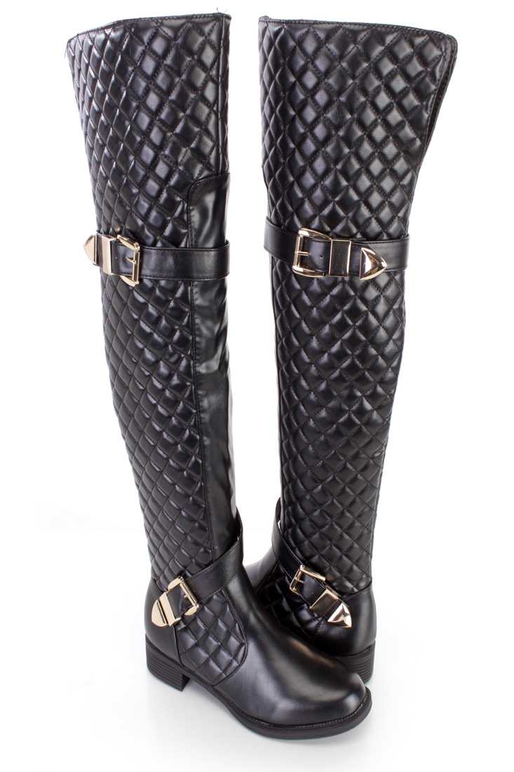 Black Quilted Thigh High Riding Boots Faux Leather
