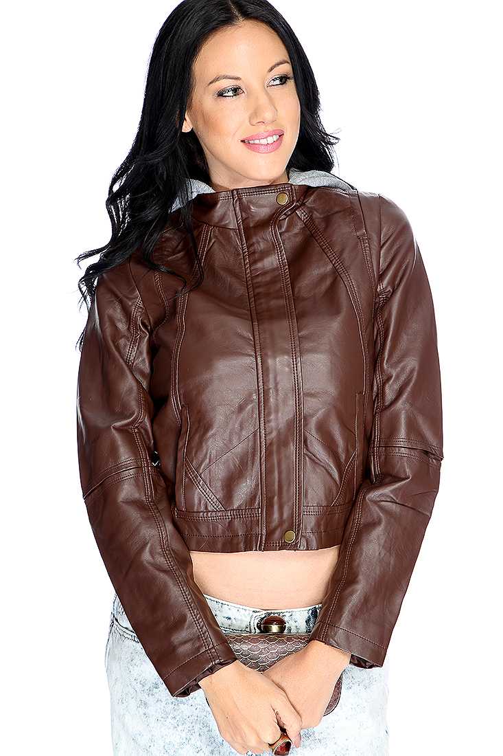 Brown Long Sleeves Hoodie Side Pockets Zipper Closure Faux Leather Jacket
