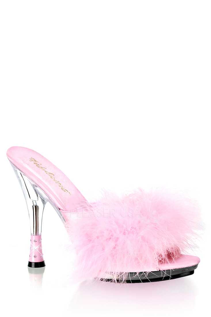 Pink Marabou Trim Cone Slipper High Heels Satin