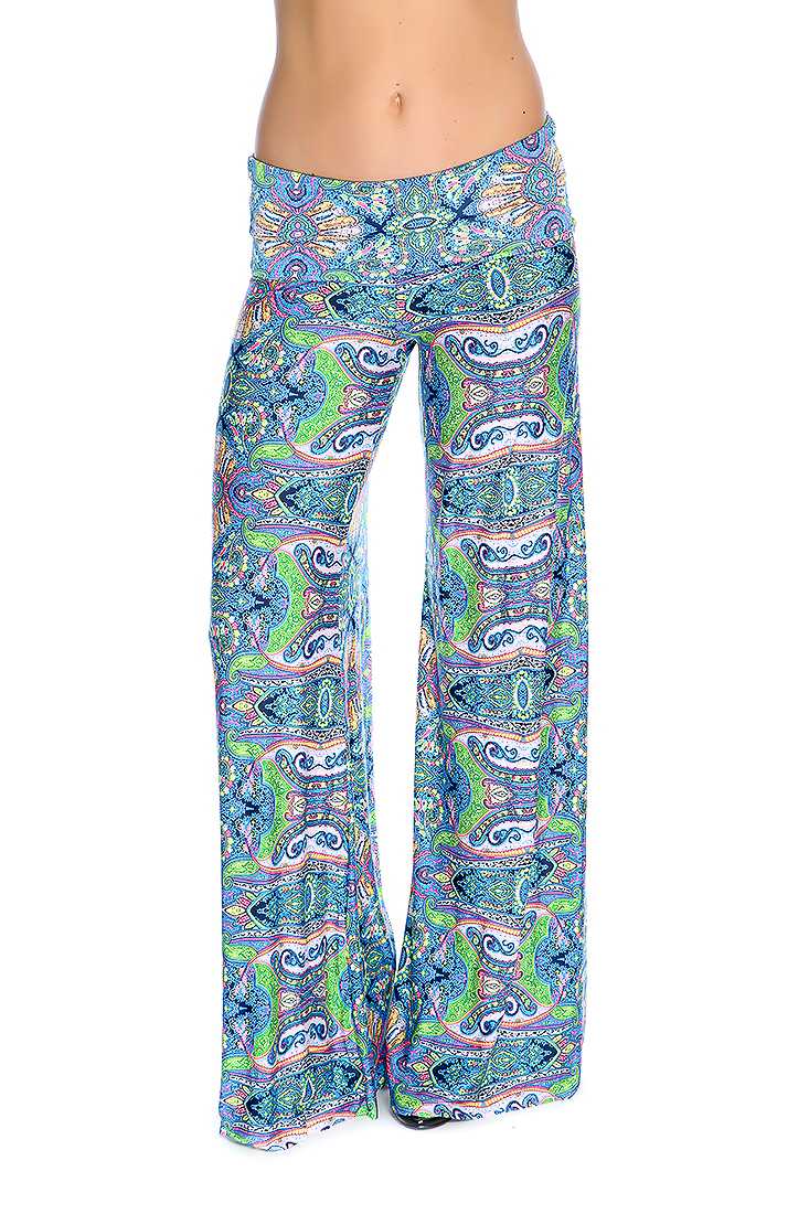 Blue Lime Paisley Print Wide Leg Cute Casual Pants