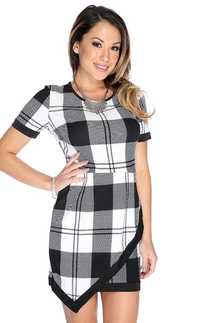 Sexy Black White Plaid Short Sleeve Party Dress