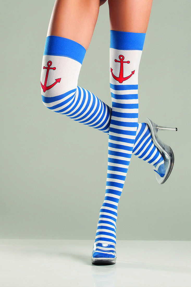 Blue White Anchors Away Striped Thigh Highs
