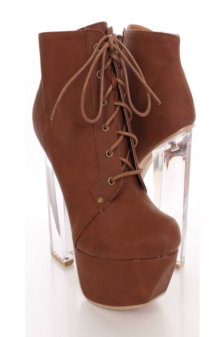 Cognac Faux Leather Chunky Booties
