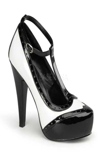 Black White Patent Faux Leather Two Tone T Strap High Heels