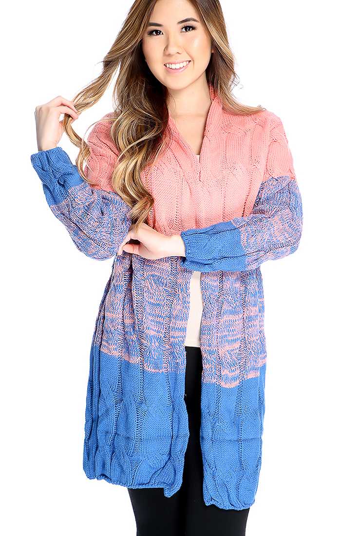 Dusty Peach Royal Blue Long Sleeve Open Front Knitted Oversized Cardigan