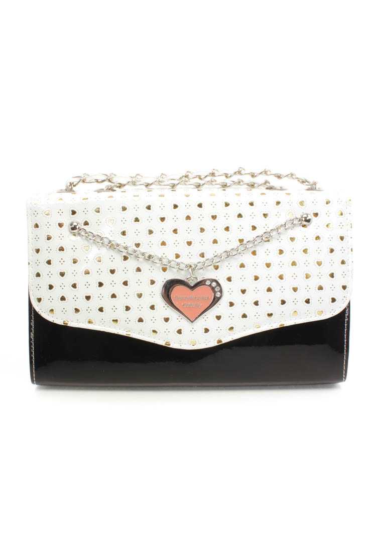 Black Metallic Heart Print Faux Leather Handbag