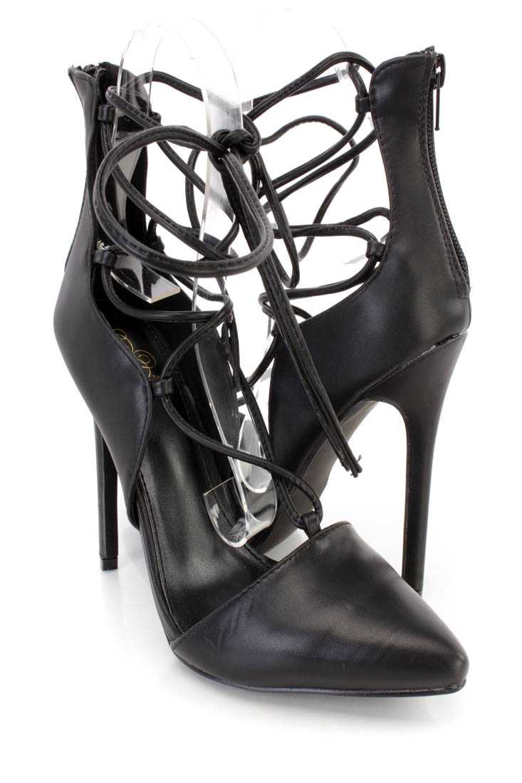 Black Wrap Around Tie Single Sole High Heels Faux Leather