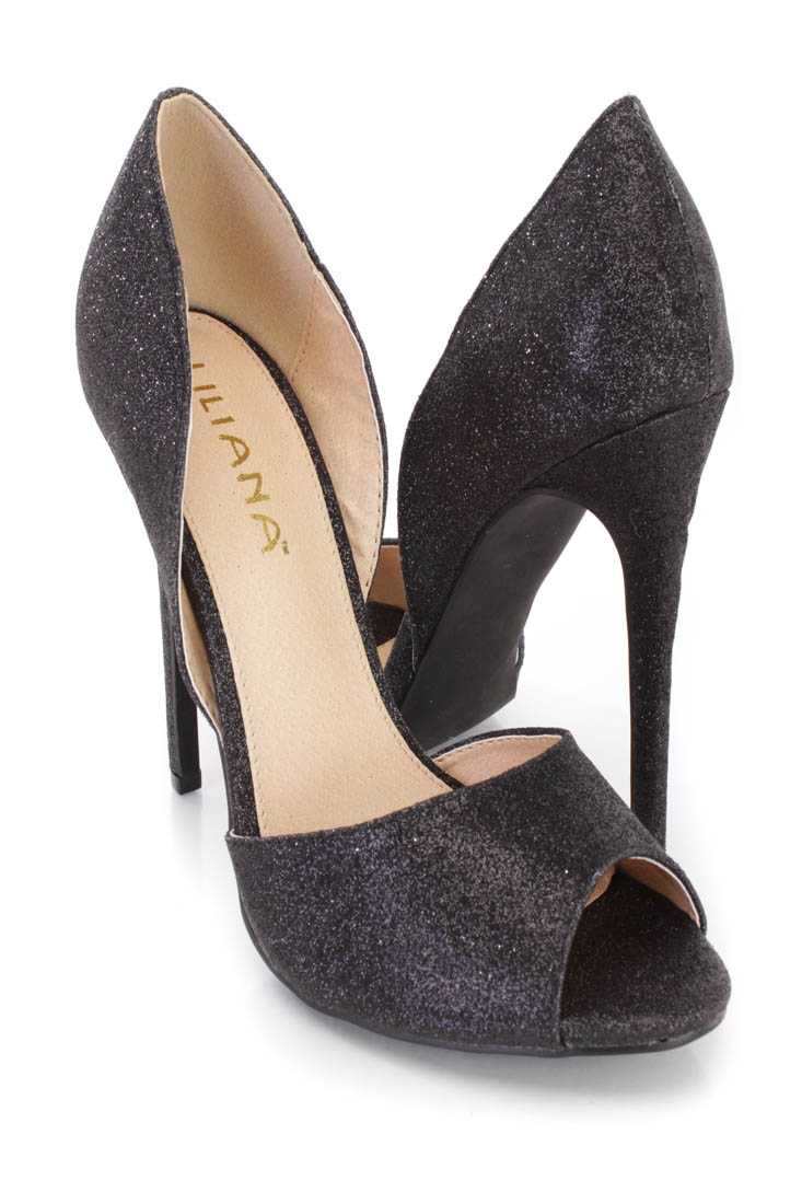 Black Peep Toe Single Sole Heels Glitter