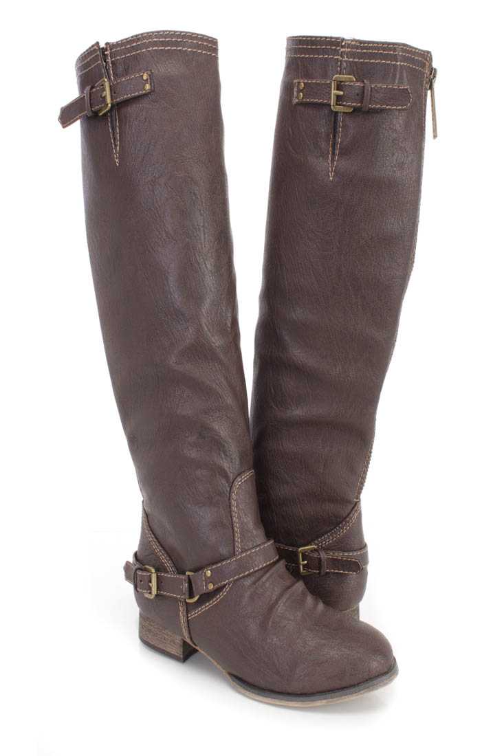 Brown Buckle Accents Knee High Boots