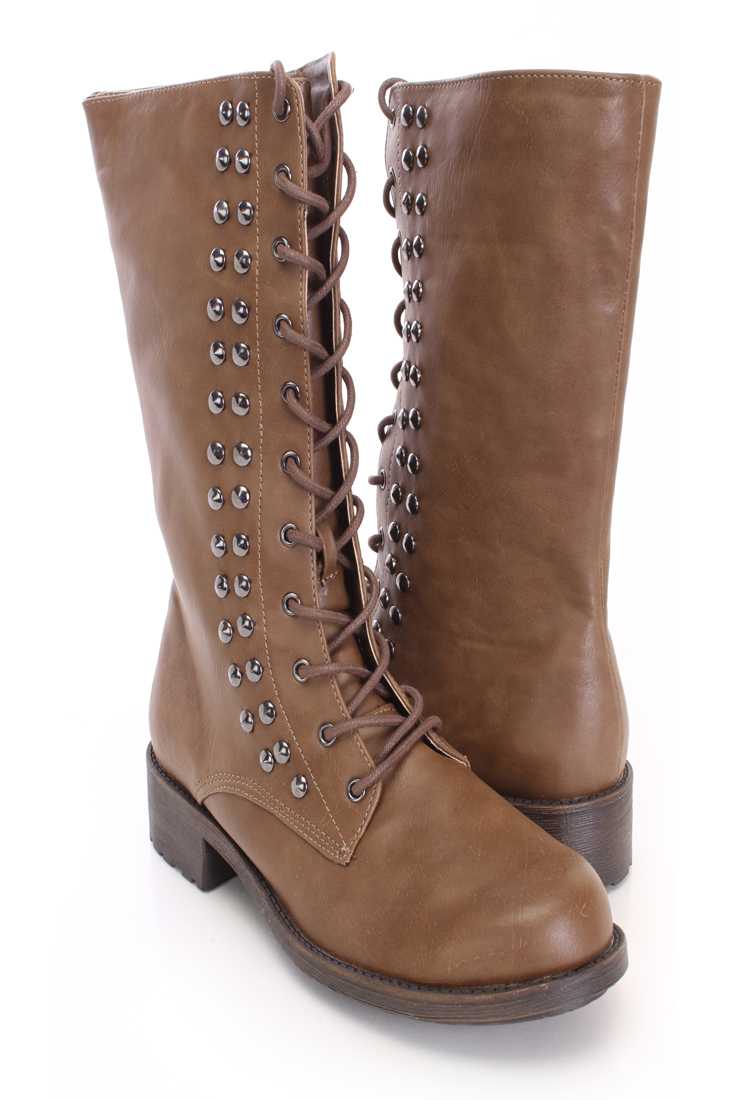 Taupe Lace Up Studded Mid Calf Boots Faux Leater