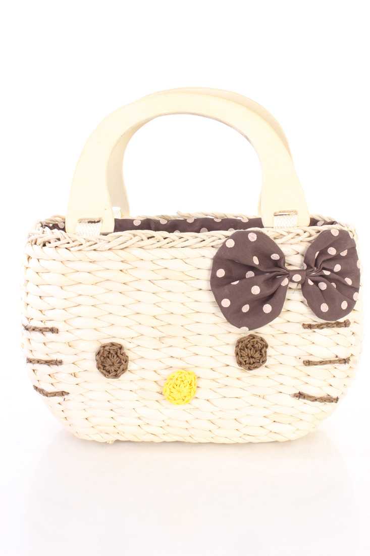 Brown Kitty Face Woven Straw Mini Tote Beach Bag