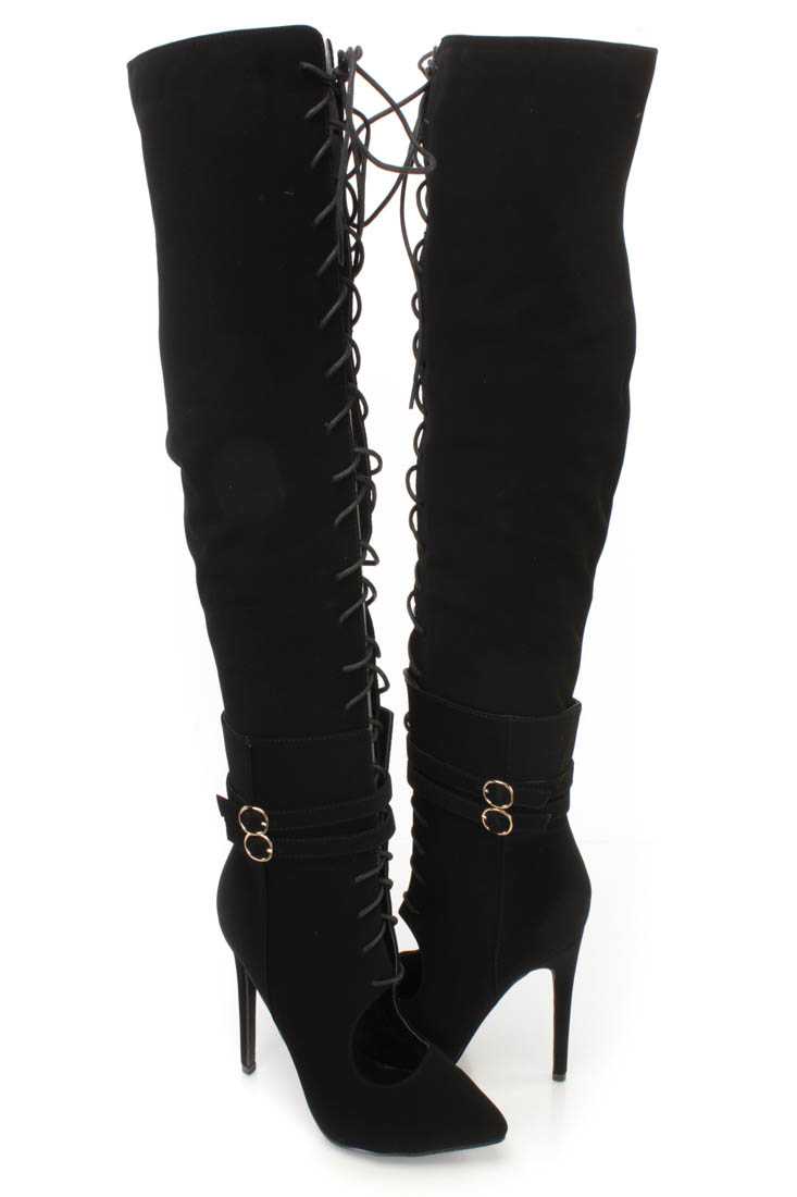 Black Thigh High Lace Up High Heel Boots Nubuck