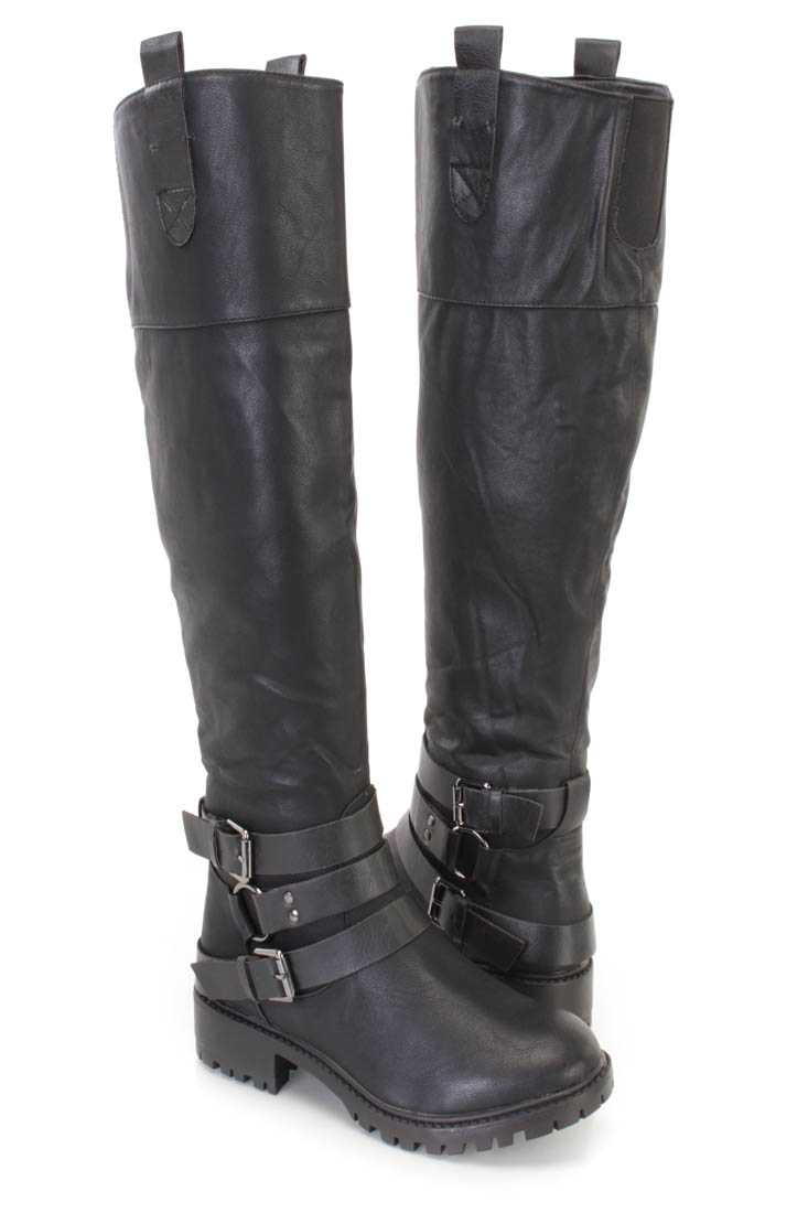 Black Wrap Around Straps Traction Sole Boots Faux Leather