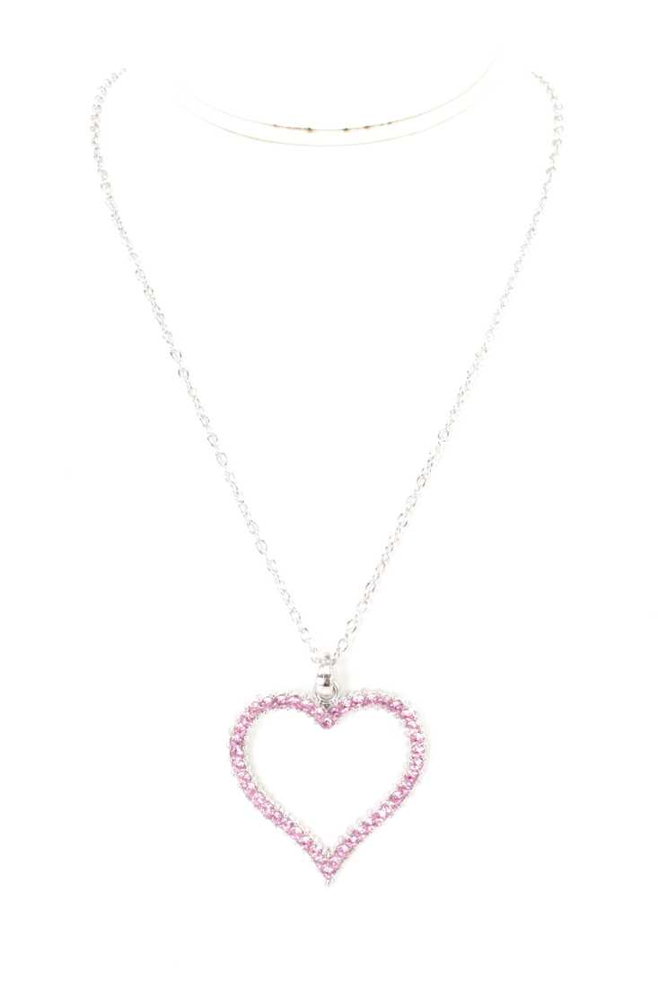 Pink Silver High Polish Rhinestone Heart Pendant Necklace