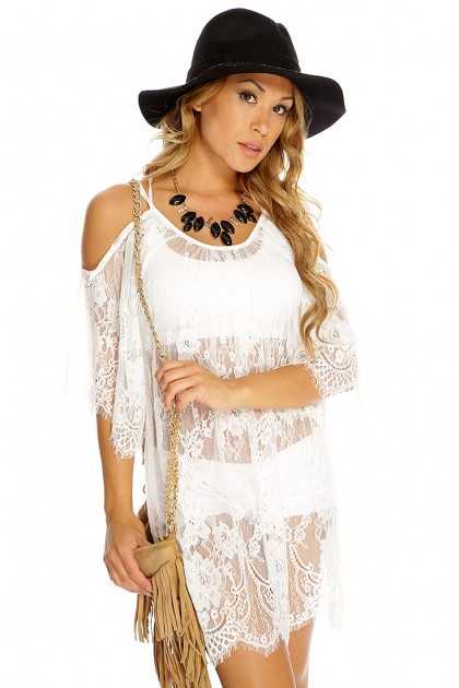 White Floral Mesh Scalloped Trim Swimsuit Cove-Up